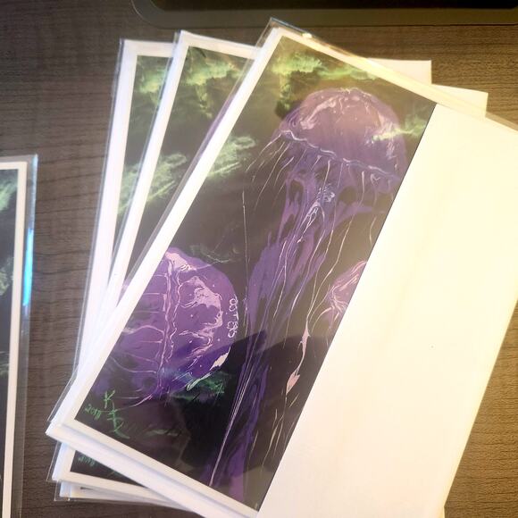 Purple Jellyfish 5"x7" Greeting Cards Set of 4 Acid Free Art Print Abstract - Picture 5 of 6